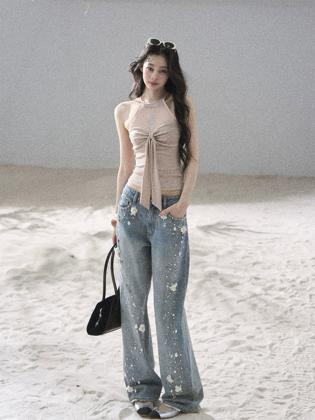 "Galaxy in Your Eyes" Milk Tea Halter Mesh Knit Top