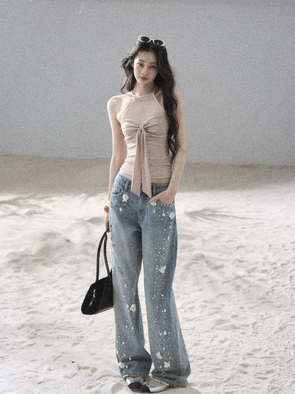 "Galaxy in Your Eyes" Milk Tea Halter Mesh Knit Top