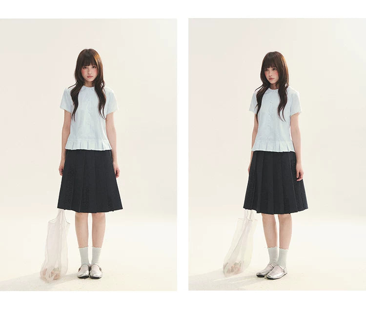 "Citrus Sea Salt" Stripe Lace Peter Pan Collar Pleated Shirt (White Blue / Blue White)