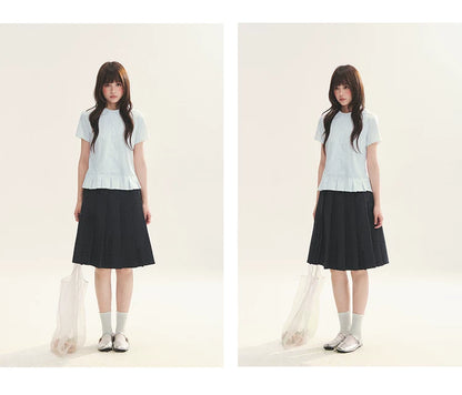 "Citrus Sea Salt" Stripe Lace Peter Pan Collar Pleated Shirt (White Blue / Blue White)