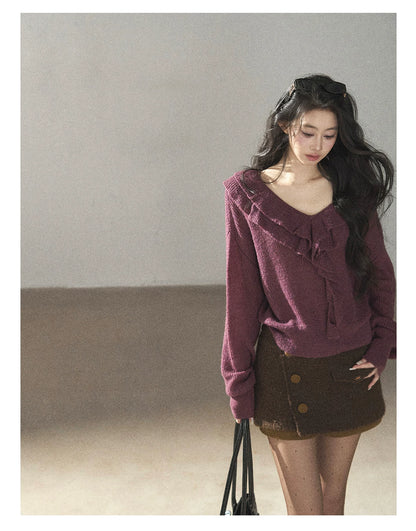 AOMALM - "A Softer Breath" Midnight Purple Ruffle V-Neck Sweater