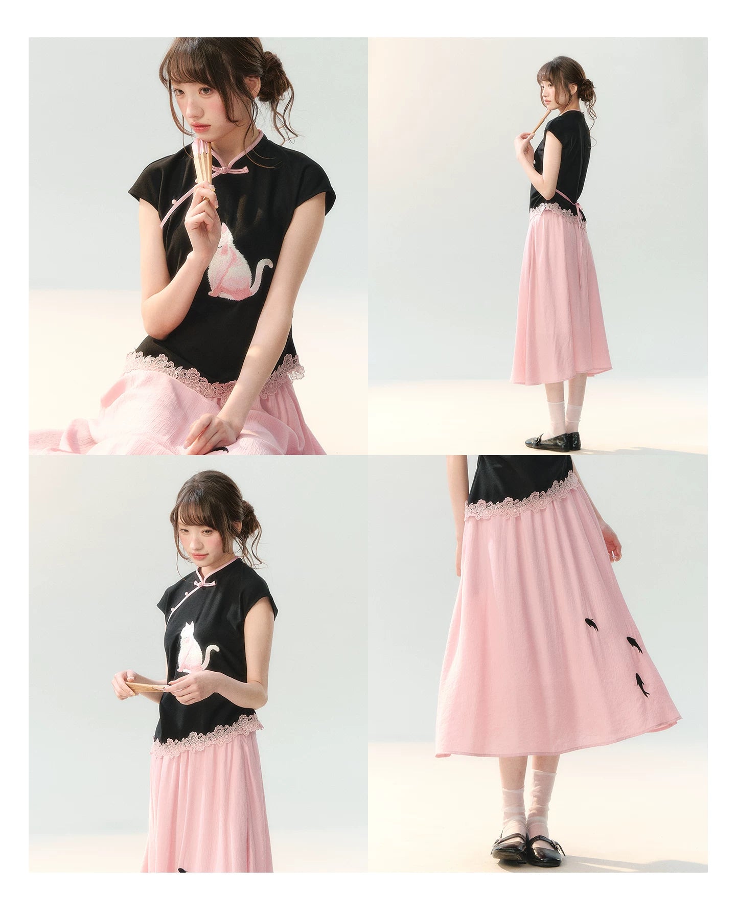 "Pink Letter, Cat’s Silhouette" New Chinese Embroidered Skirt Set SH2026223