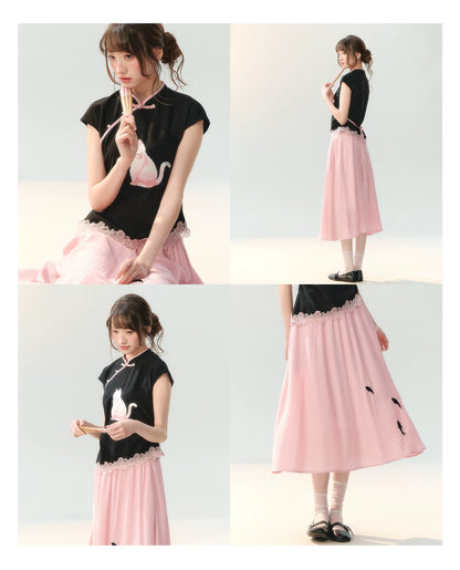 "Pink Letter, Cat’s Silhouette" New Chinese Embroidered Skirt Set SH2026223
