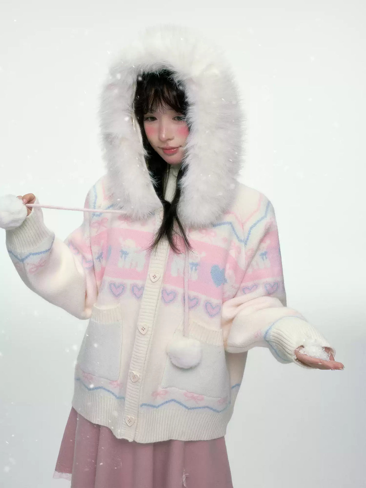 BIBIBENCY - Pink and White Hooded Knit Cardigan with Faux Fur Trim
