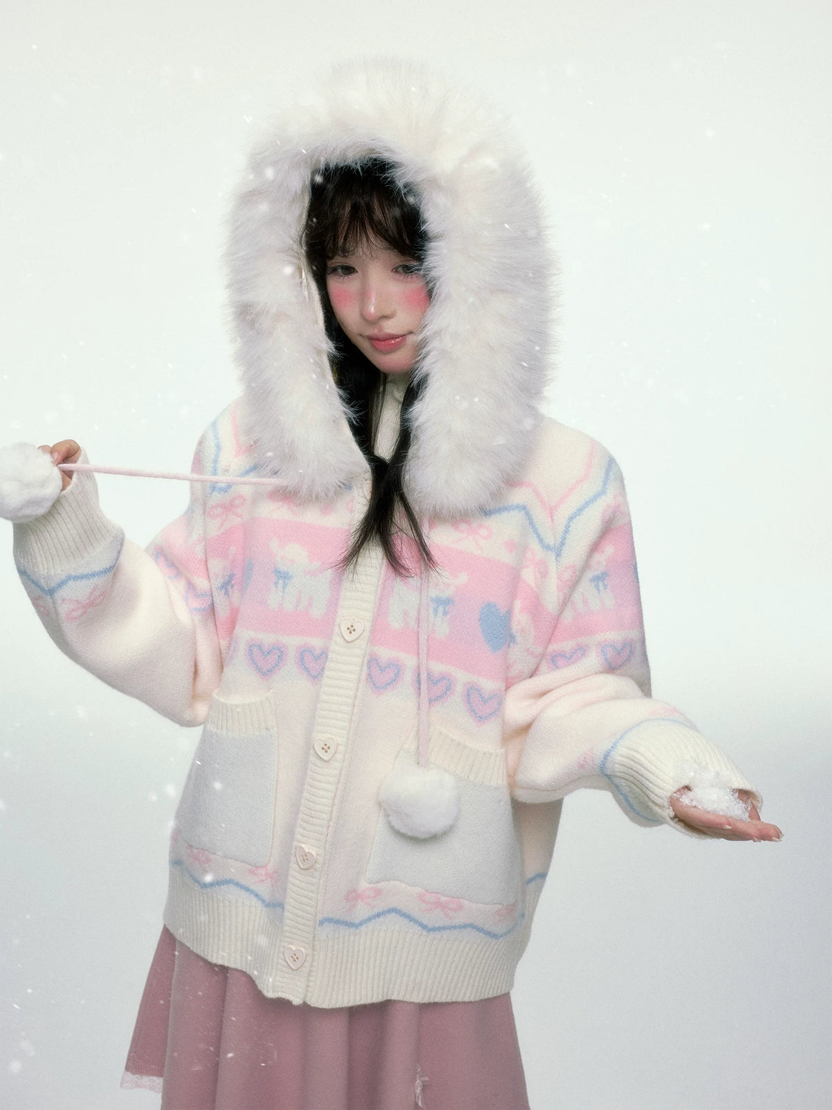 BIBIBENCY - Pink and White Hooded Knit Cardigan with Faux Fur Trim