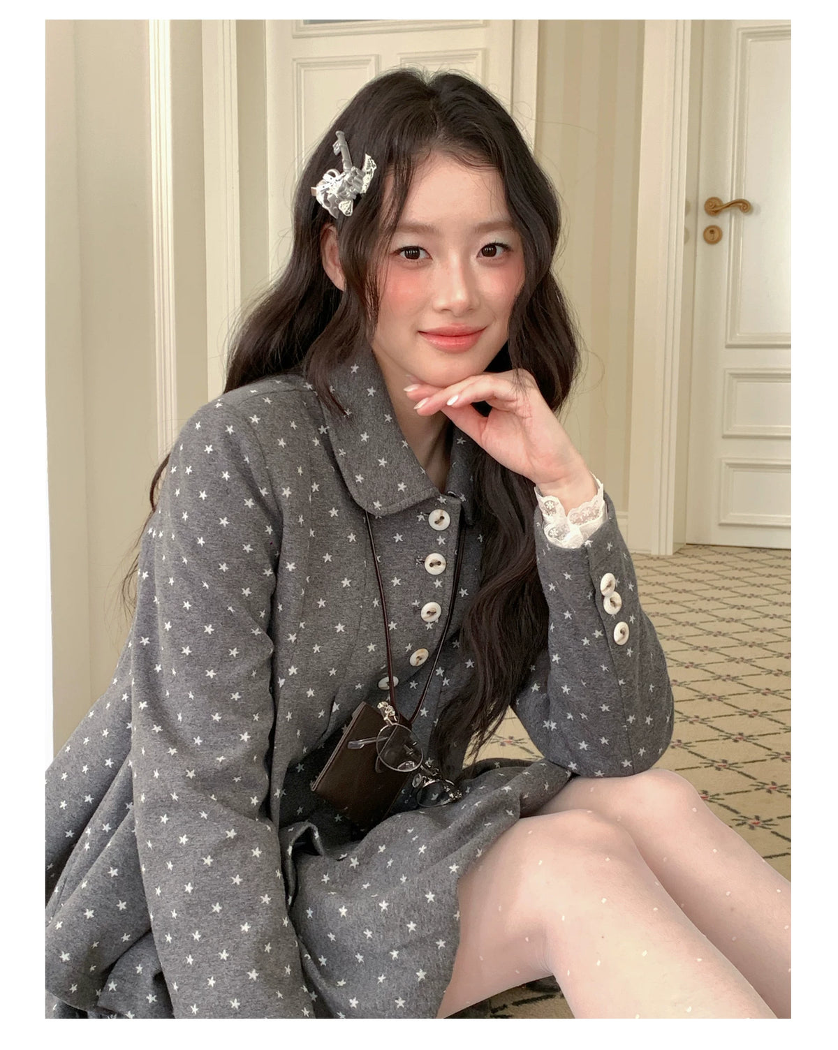[RF] “Starlit Gray Tones” Gray Vintage Polka Dot Pleated Skirt Two-Piece Set