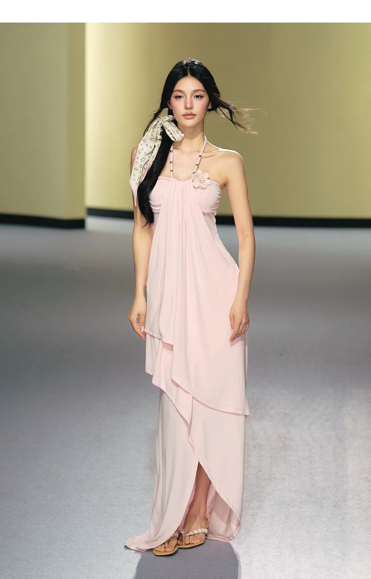 "Moonlit Reverie" Halter Layered Maxi Dress (Black/ Blush Pink)