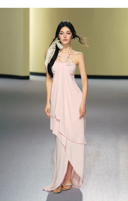 "Moonlit Reverie" Halter Layered Maxi Dress (Black/ Blush Pink)