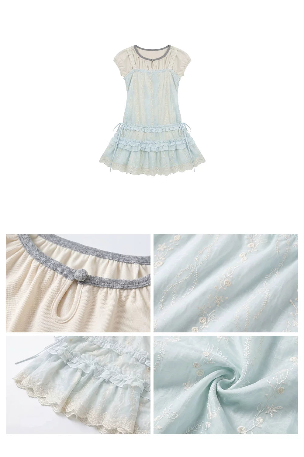 “Summer Dreamloom” Blue Lace Tiered Dress Set (Inner Top + Slip Dress)