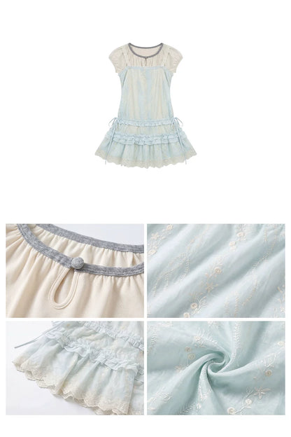 “Summer Dreamloom” Blue Lace Tiered Dress Set (Inner Top + Slip Dress)