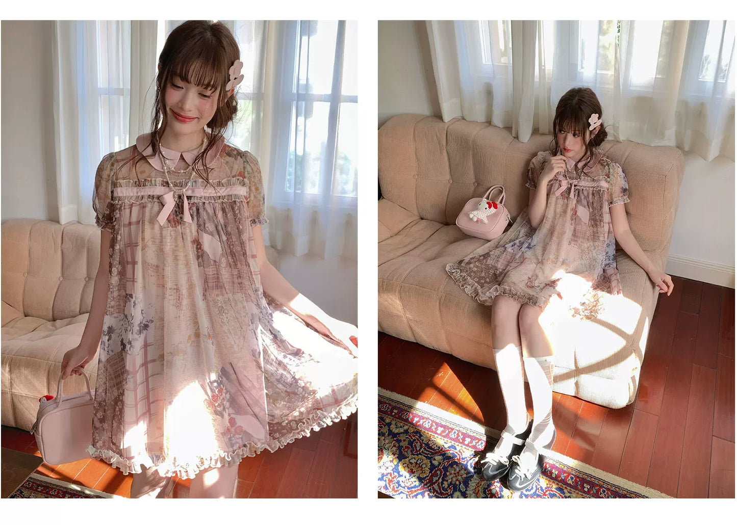 [RF] “Vintage Storybook” Light Brown Tea Patchwork Print Mini Dress