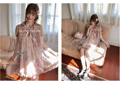 [RF] “Vintage Storybook” Light Brown Tea Patchwork Print Mini Dress