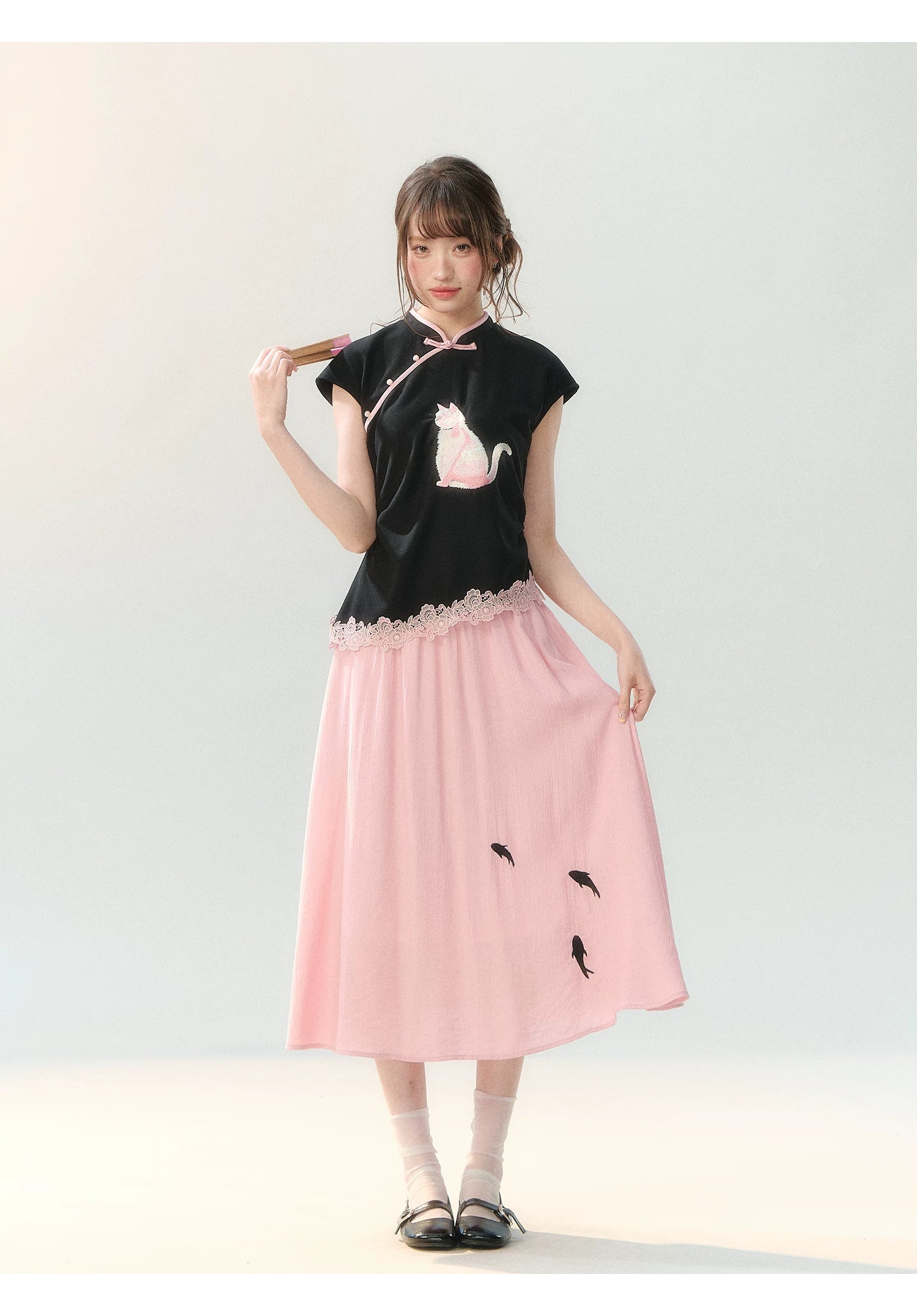 "Pink Letter, Cat’s Silhouette" New Chinese Embroidered Skirt Set SH2026223