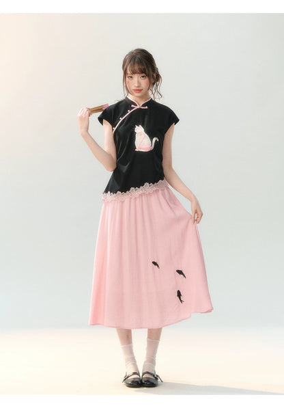 "Pink Letter, Cat’s Silhouette" New Chinese Embroidered Skirt Set SH2026223