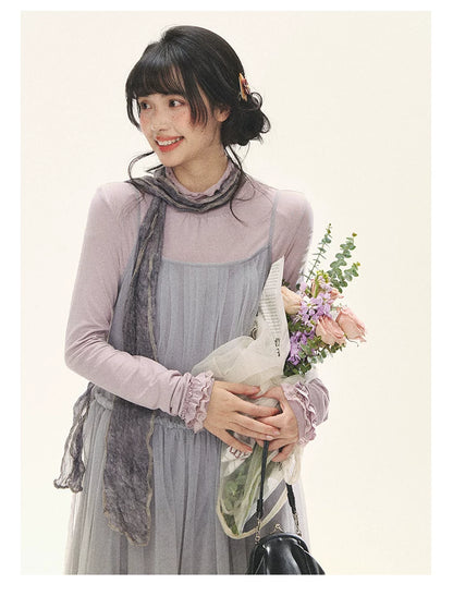 "Morning Veil" Morning Mist Purple Tiered Mesh Slip Midi Dress