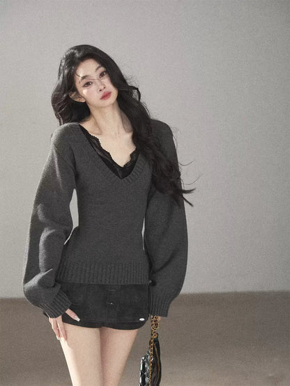 AOMALM - "Flowing River" Charcoal Gray V-Neck Ribbed Knit Sweater