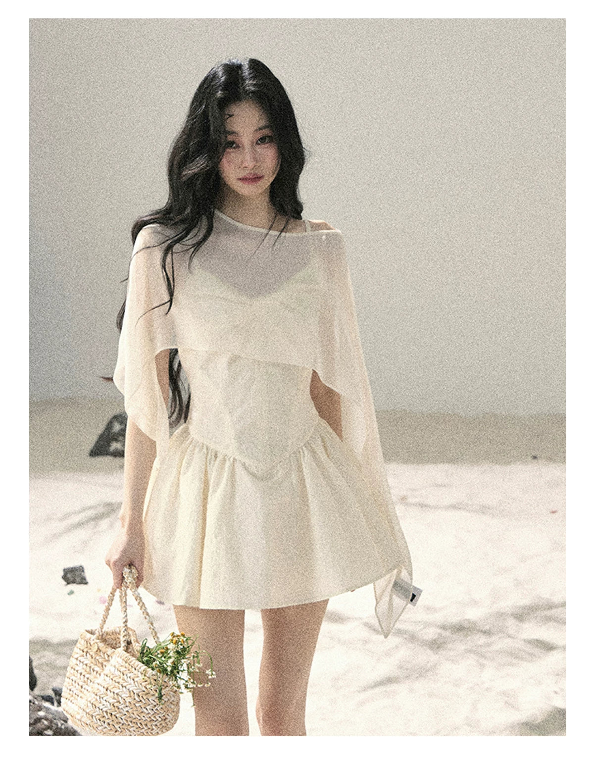 "Veiled in Mist" Cream Apricot Puff Mini Dress & Chiffon Shawl Set 5348