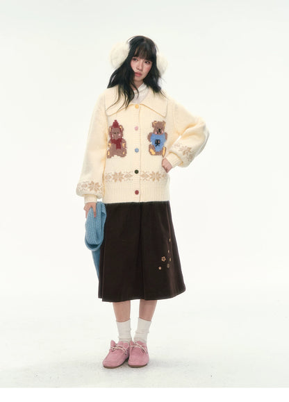 CAN - "Teddy’s Autumn Soirée" Cream White Teddy Bear Fair Isle Jacquard Cardigan