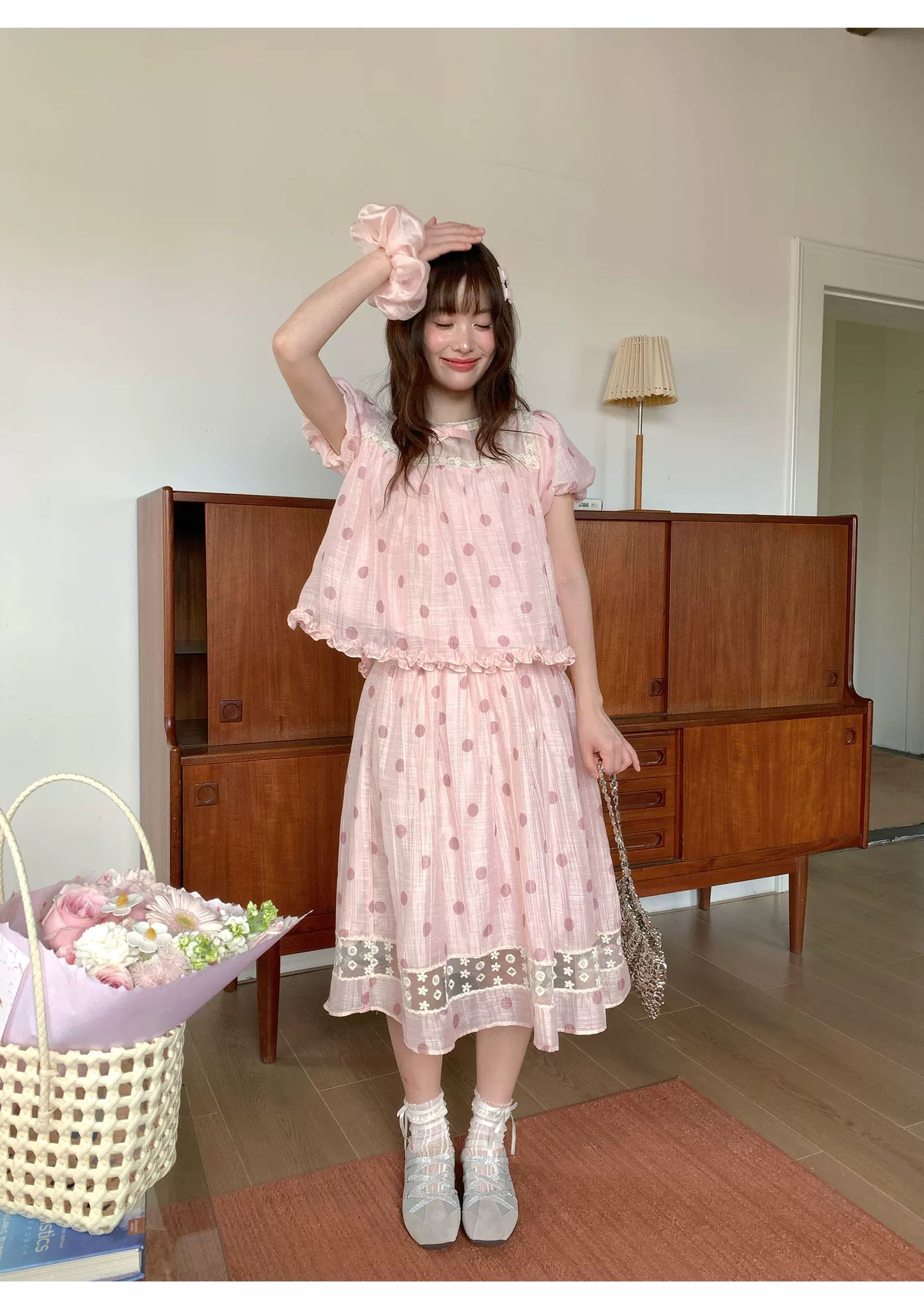 [RF] “Peach Polka Daydream” Pink Polka Dot Two-Piece Skirt Set
