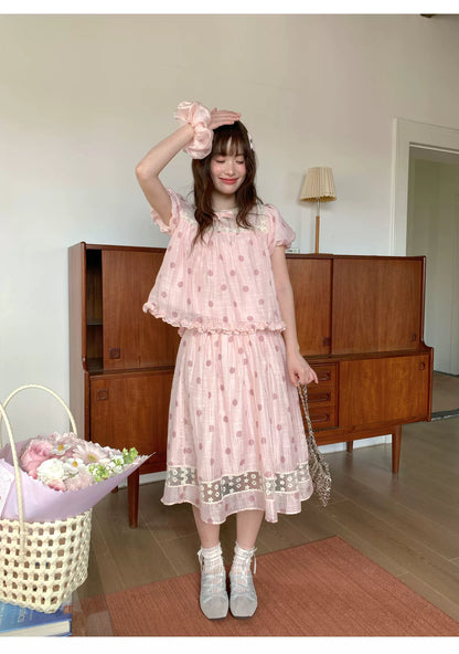[RF] “Peach Polka Daydream” Pink Polka Dot Two-Piece Skirt Set