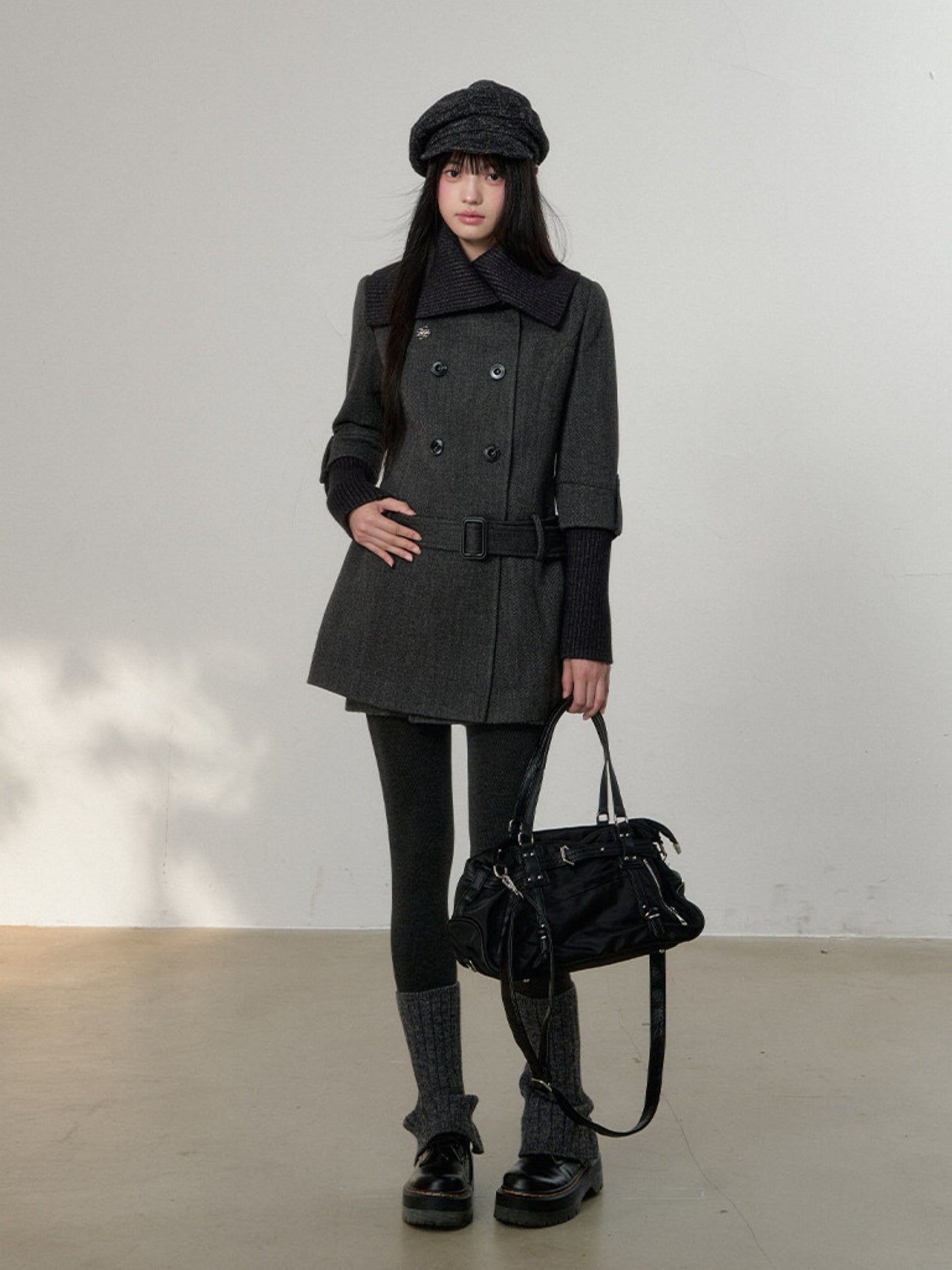 Soote Season - British Deep Gray Knit-Collar Wool-Blend Long Dress