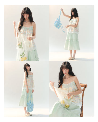 [CAN] "Spring Garden" Floral Lace Cami Skirt Set