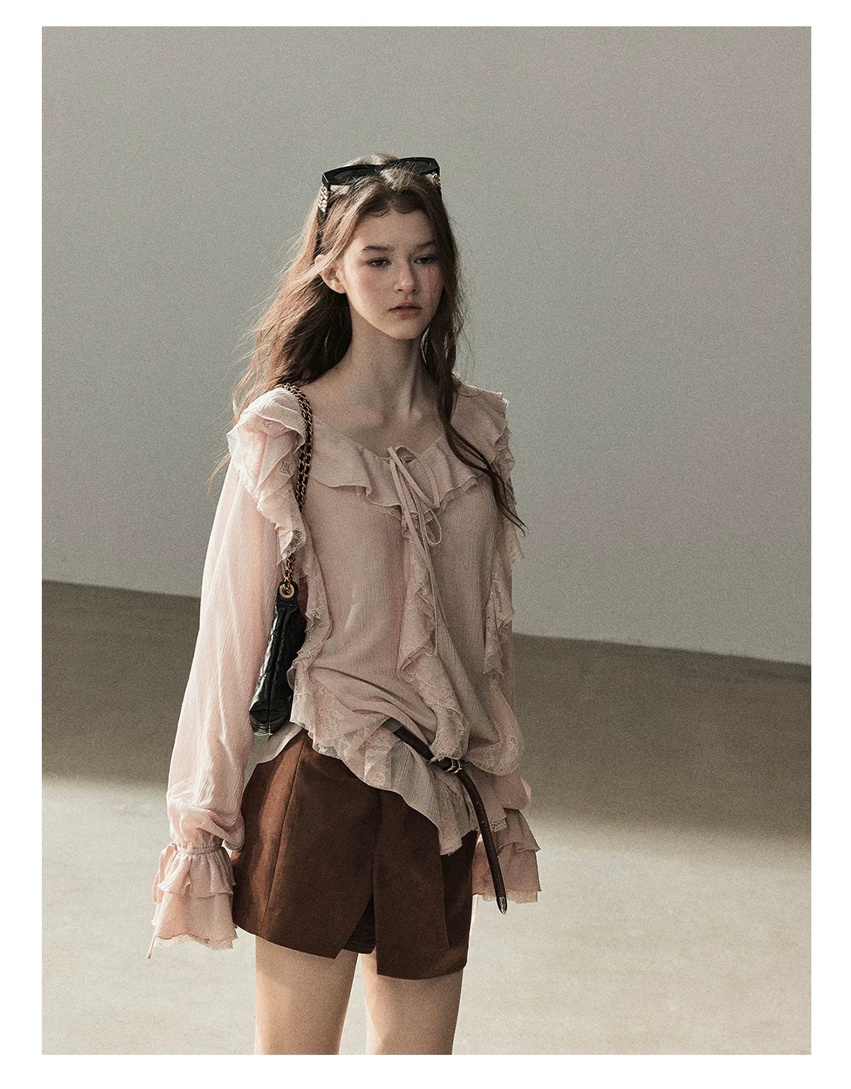 AOMALM - "A Featherlight Touch" French Camellia White Lace Chiffon Top with Belt (Camellia / Oatmeal / Cinnamon Pink)