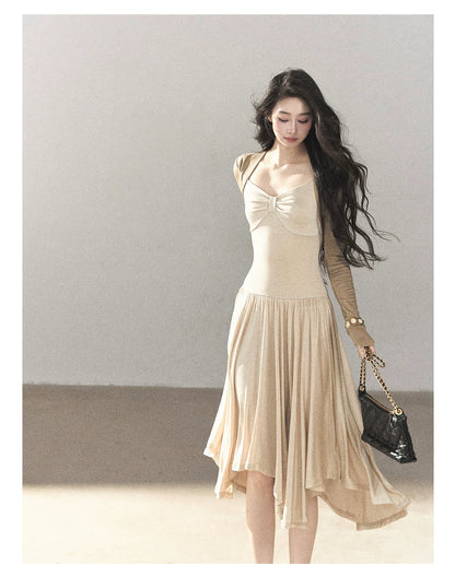 AOMALM - Light Sand Faux Two-Piece Midi Dress with Draped Shawl