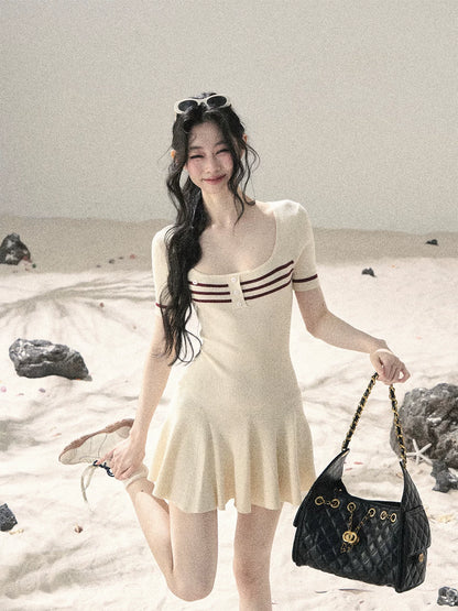 "First Date" Ivory Square Neck Knit Pleated Mini Dress