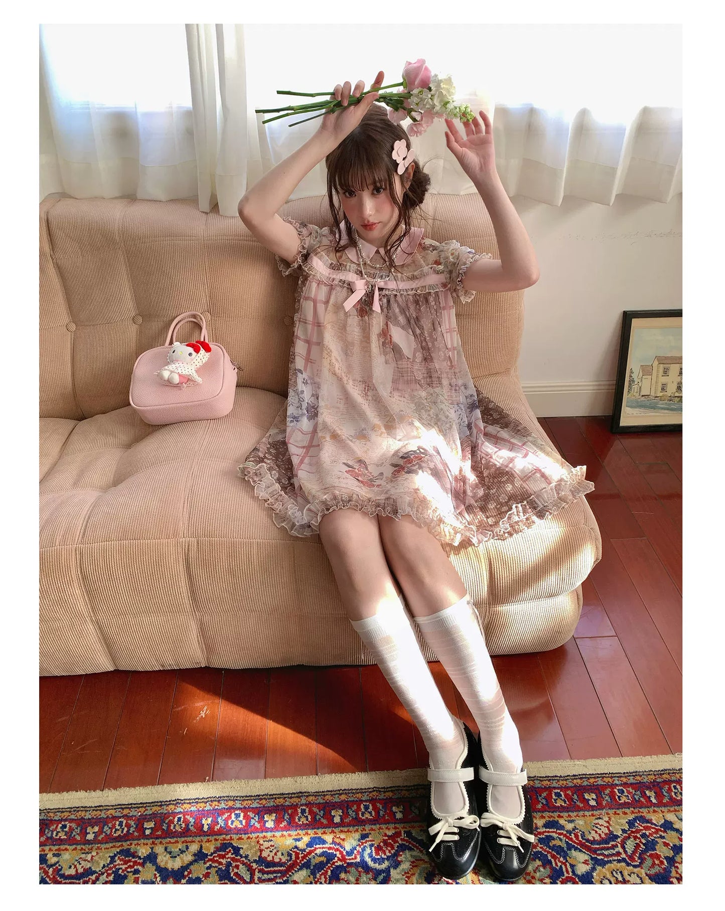 [RF] “Vintage Storybook” Light Brown Tea Patchwork Print Mini Dress