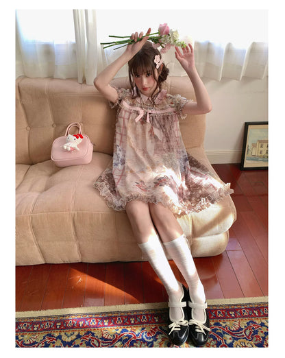[RF] “Vintage Storybook” Light Brown Tea Patchwork Print Mini Dress