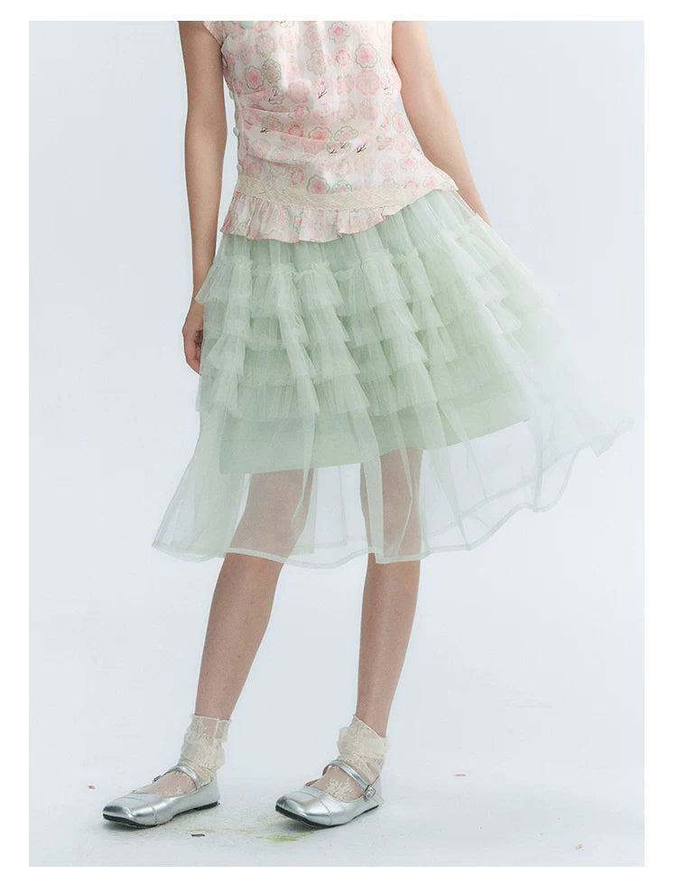 "Lime Mille-Feuille Glow" Peach Mist Chinese-Inspired Short Sleeve Top & Lime Green Tulle Tiered Skirt Set