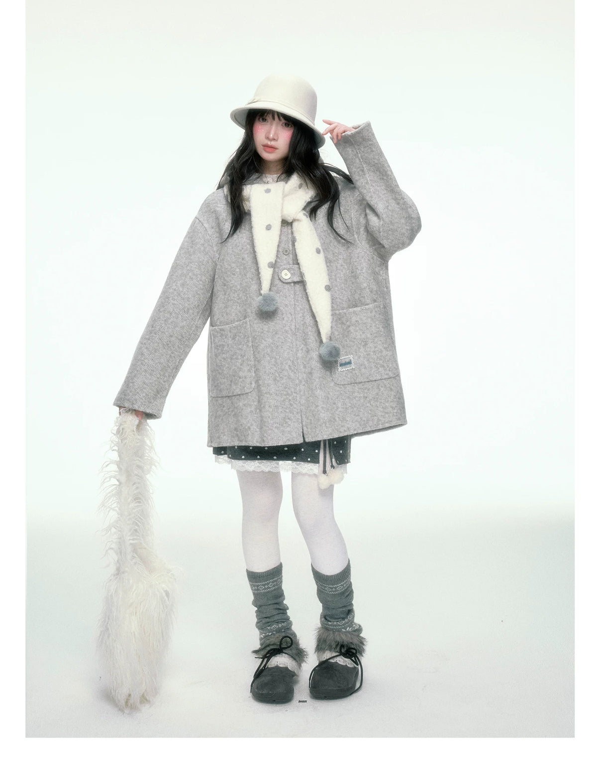 BIBIBENCY - Gray Wool-Blend Single-Breasted Coat (With White Scarf)