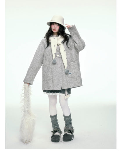 BIBIBENCY - Gray Wool-Blend Single-Breasted Coat (With White Scarf)