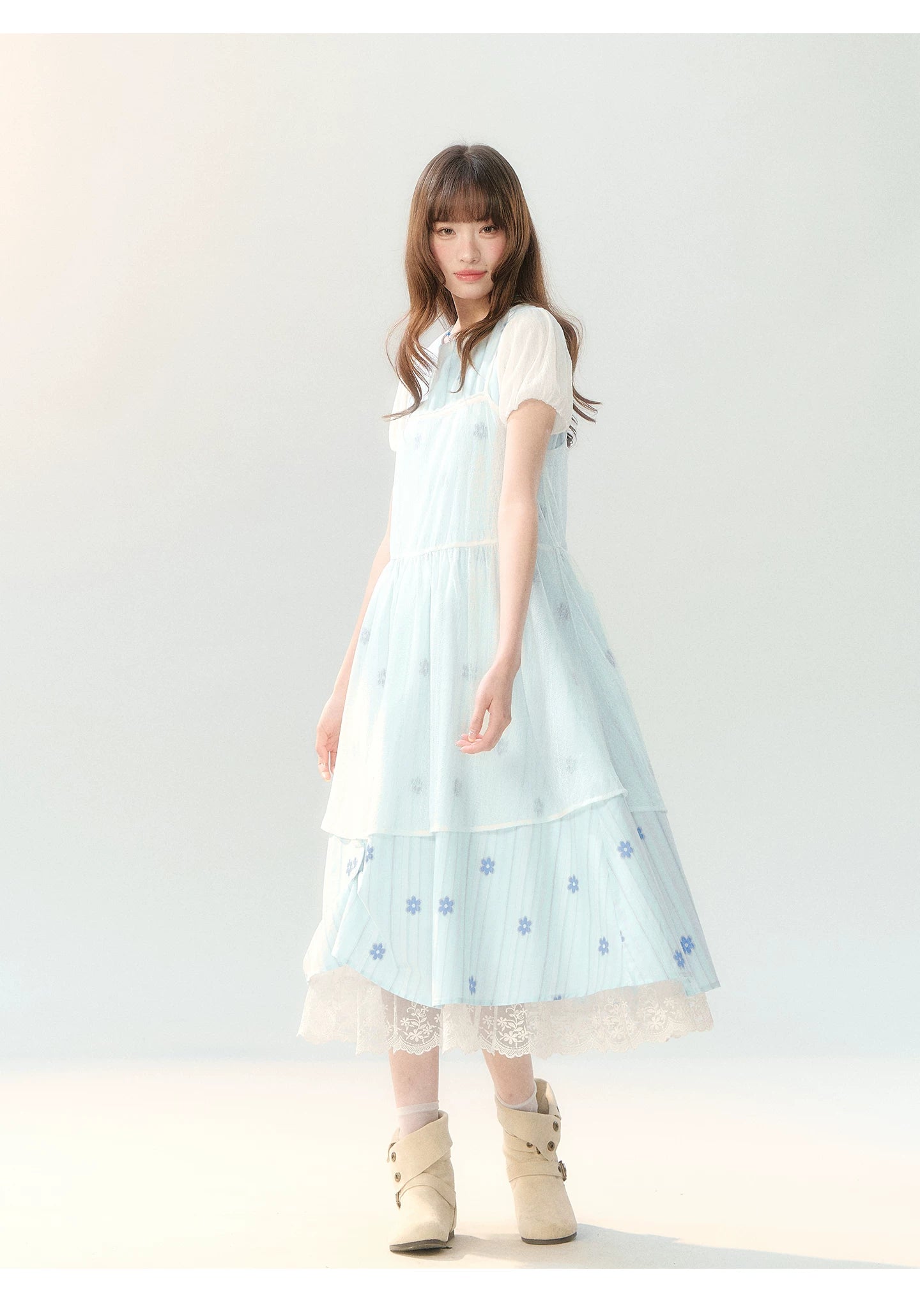 "Soft Bloom Chronicle" Blue Floral Dress & Apricot Cami Set