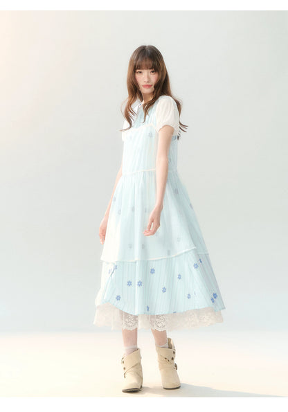"Soft Bloom Chronicle" Blue Floral Dress & Apricot Cami Set
