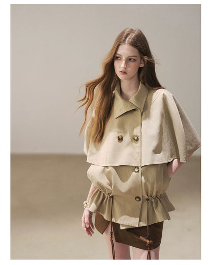 AOMALM - "Through the Oak Grove" Almond Taupe Cape Coat with Drawstring