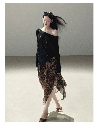 AOMALM - “Cocoa Leopard” Pleated Asymmetric Midi Skirt