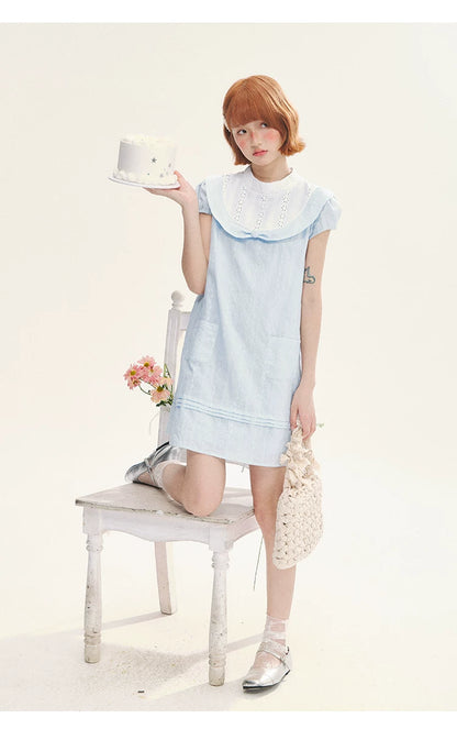 "Sea Salt Fizz" Baby Blue Cutout Embroidered Peter Pan Collar Puff Sleeve A-Line Dress