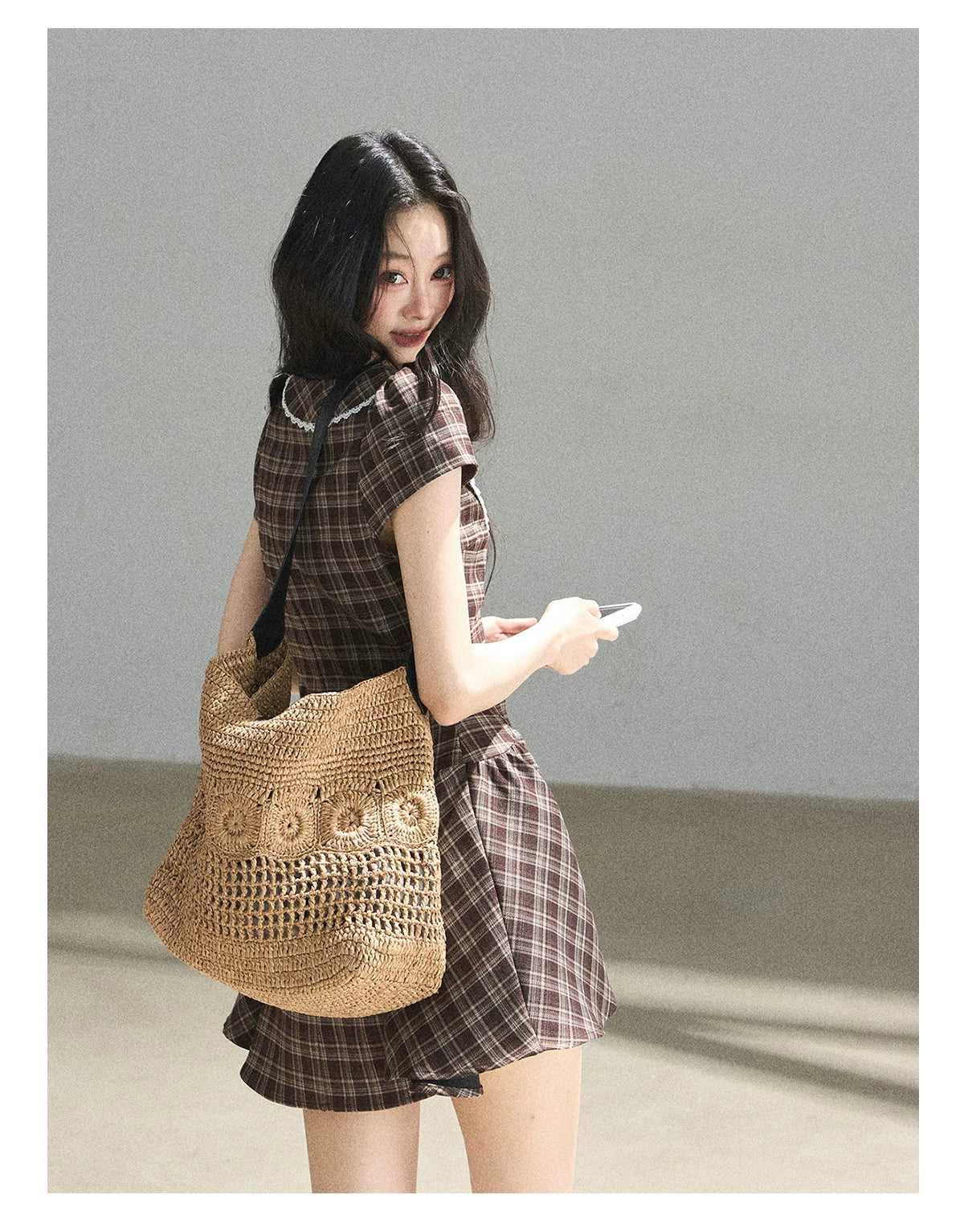 "The Camphor Tree in Late May" Chestnut Brown Plaid Peter Pan Collar Babydoll Mini Dress