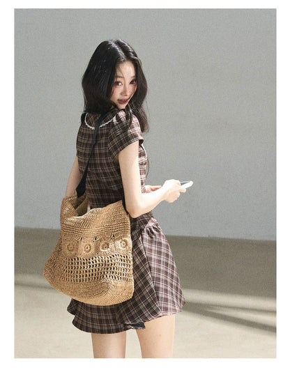 "The Camphor Tree in Late May" Chestnut Brown Plaid Peter Pan Collar Babydoll Mini Dress