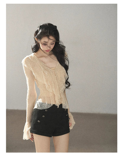 AOMALM - Lace Top – French Ruffle V-Neck Cropped Style