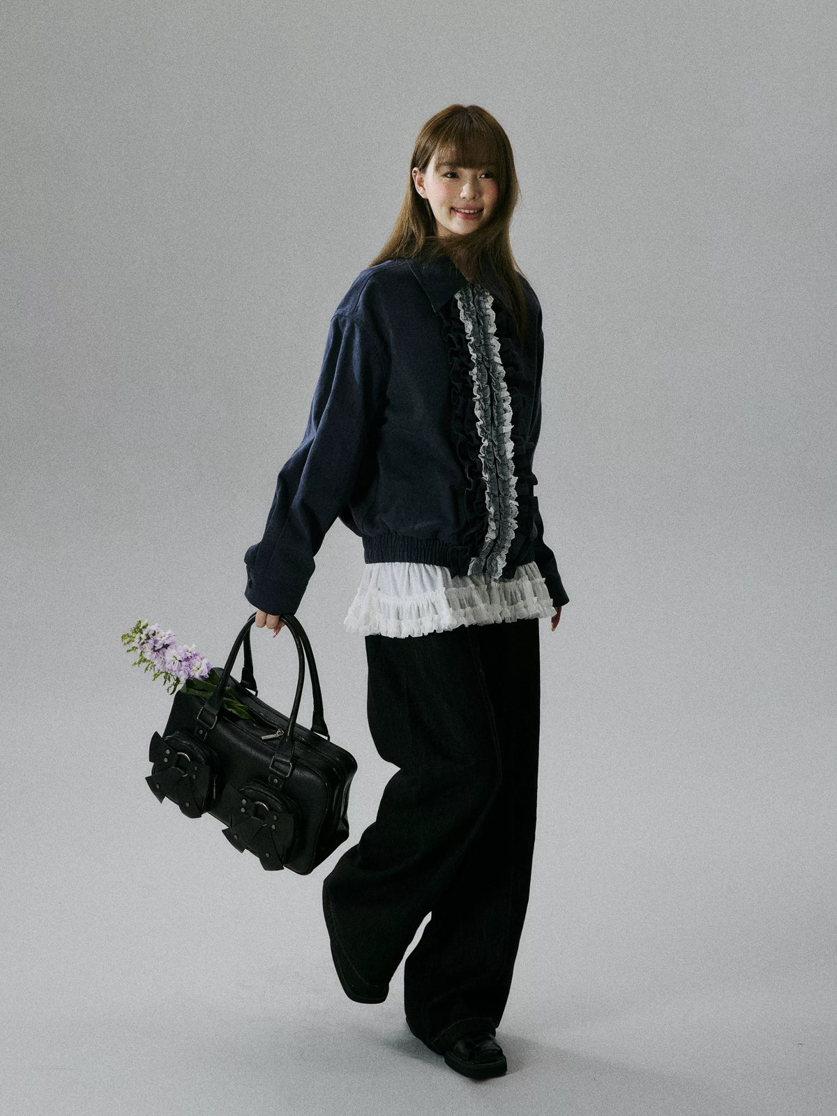 LOST FOREST - Navy Ruffle-Trim Cotton Jacket