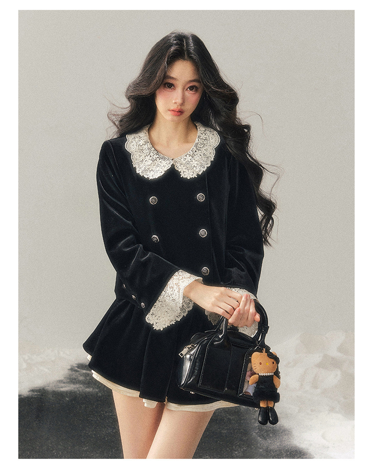 040126 "She Fades into Dusk" Velvet Lace Collar Two-Piece Set