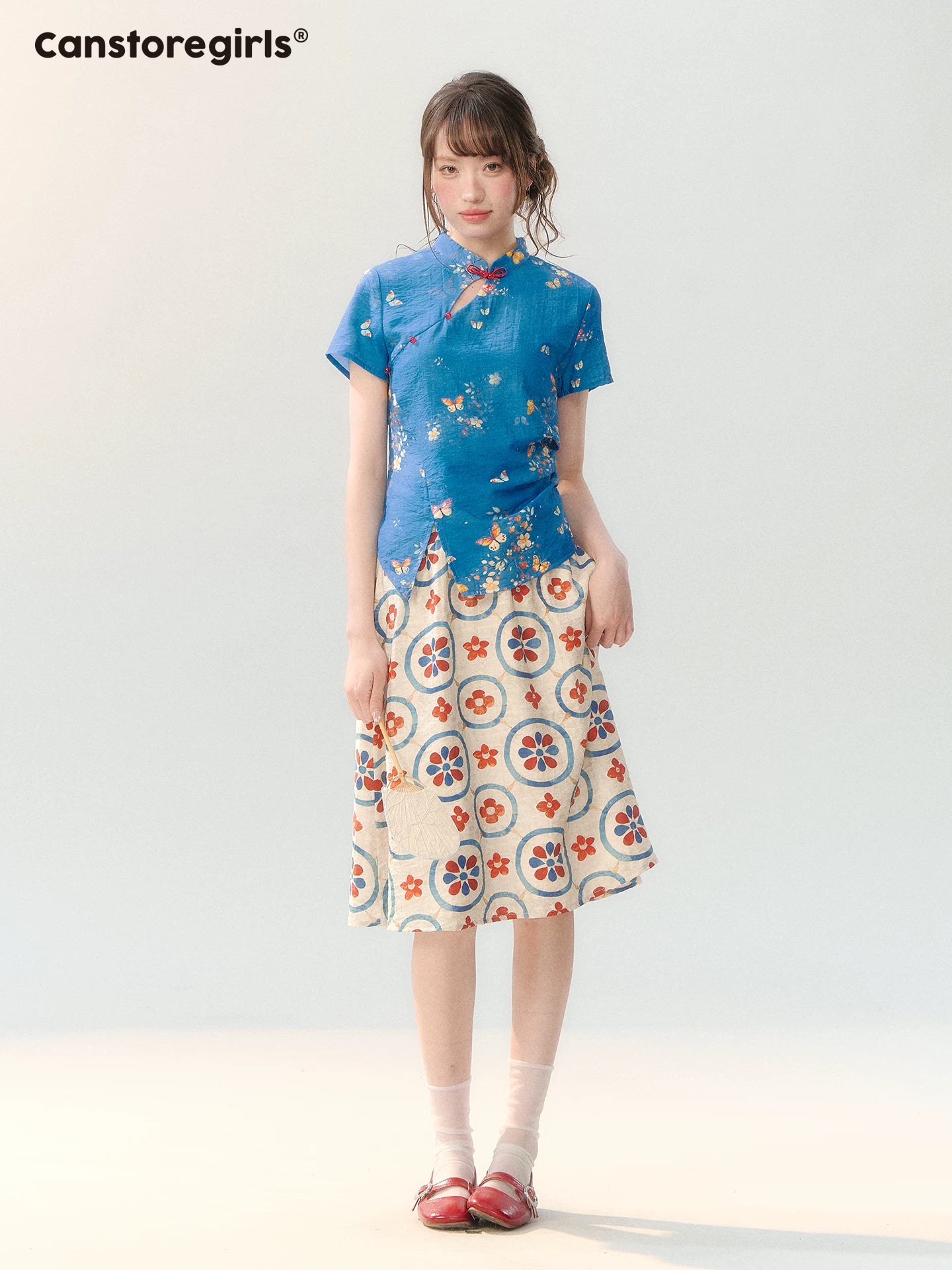 "Garden Letter" Blue Floral New Chinese Two-Piece Skirt Set