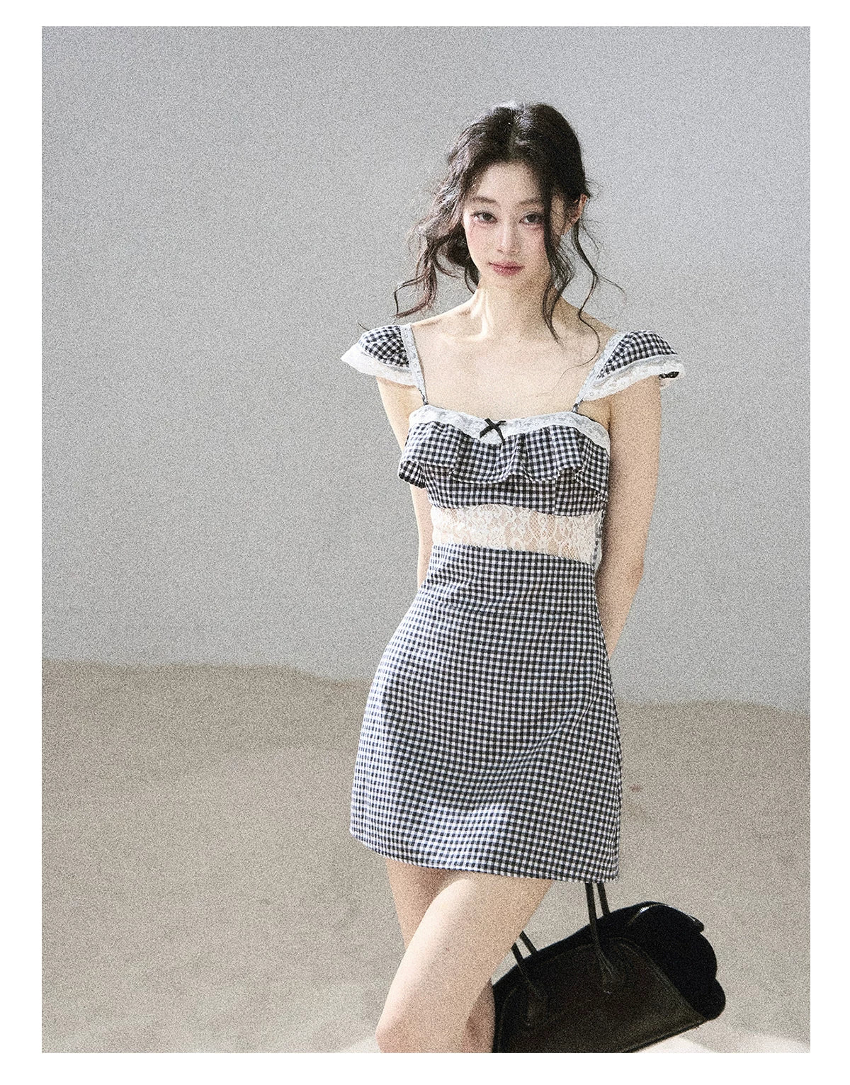 "Her in the Old Film" French Lace Plaid A-Line Mini Dress