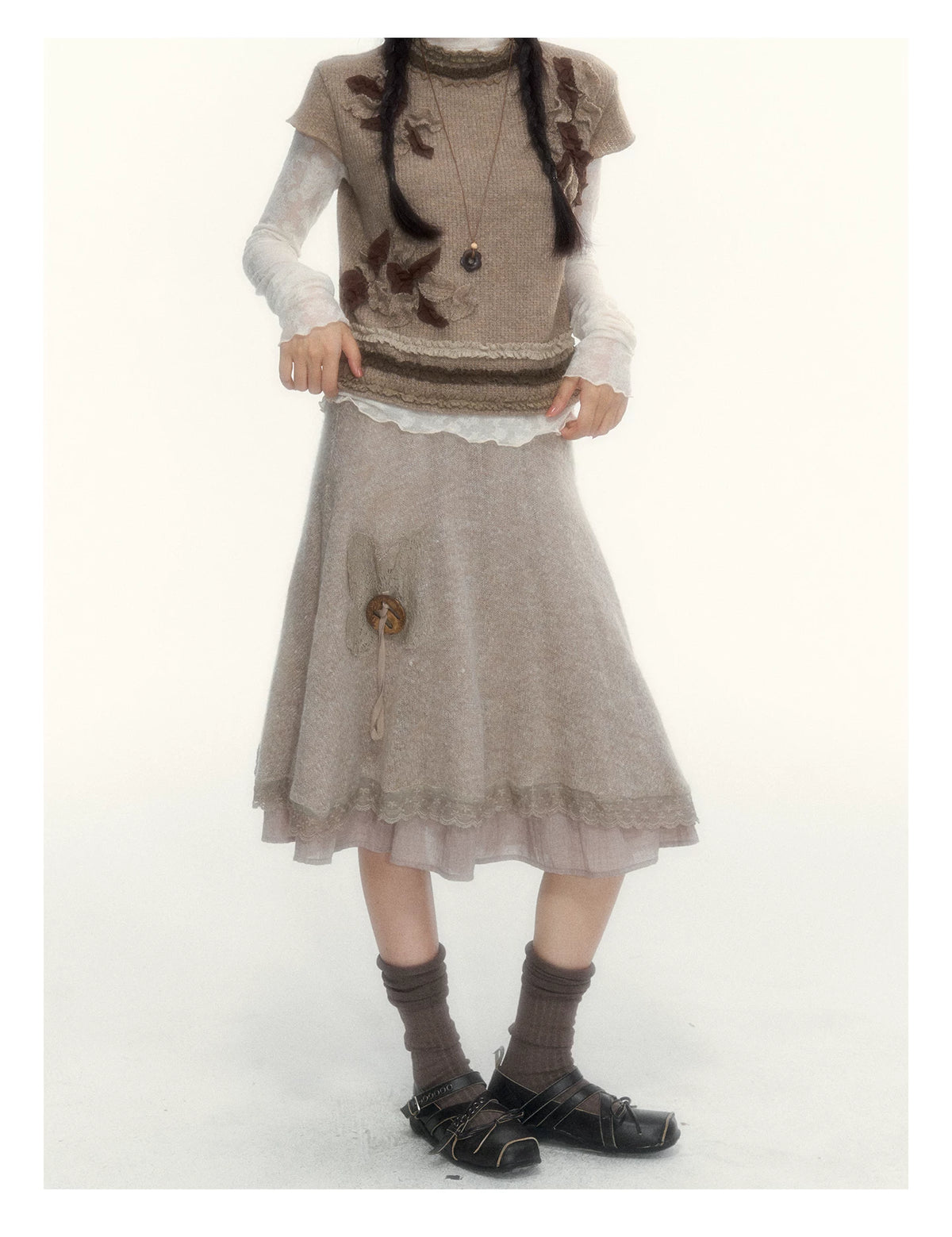 Milk Coffee Vintage Lace Knit A-Line Skirt