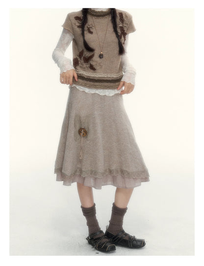 Milk Coffee Vintage Lace Knit A-Line Skirt