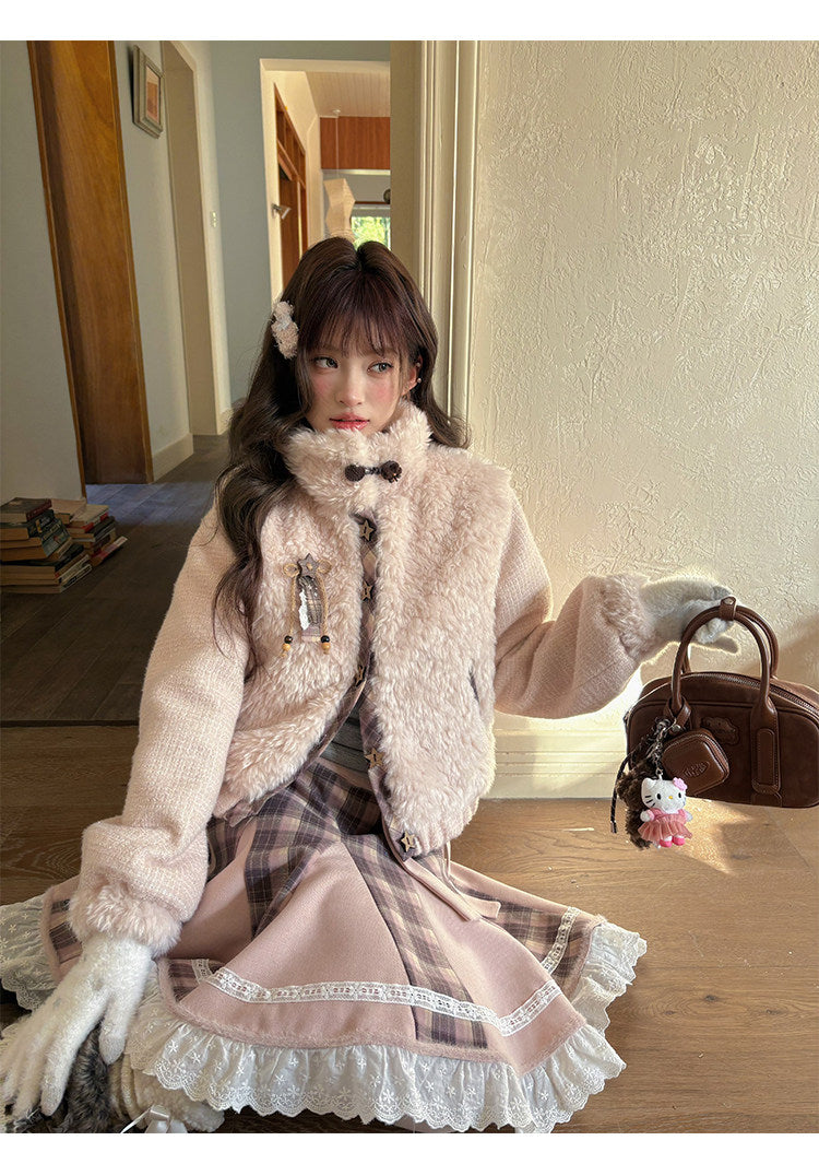 阮阮自制 - Love String Pink Plaid Wool Jacket & Mini Skirt Set