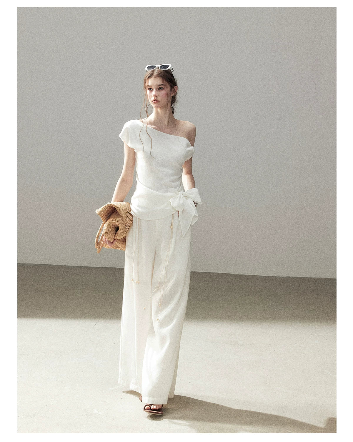 "Her Moonlight" Camellia White Off-Shoulder Top & Wide-Leg Pants Set